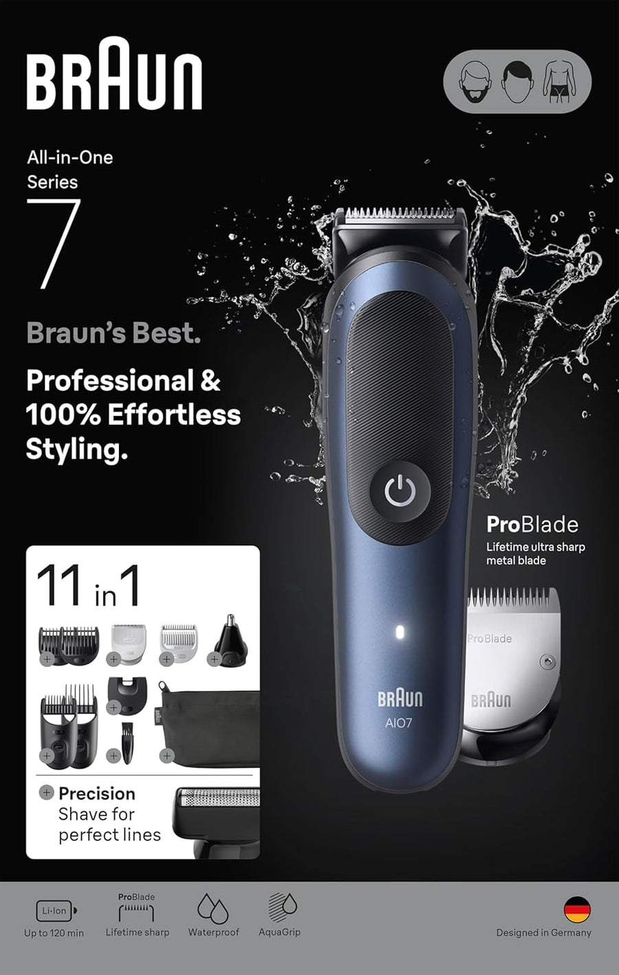 Braun All-In-One Series 7 Aio7540 11-In-1 Trimmer Body Grooming 120M Runtime