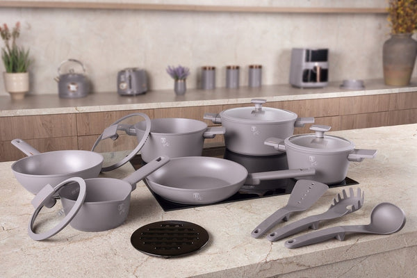 Berlinger Haus 15pc Cookware Set Taupe TitanPro Non-Stick Strainer Lid Induction