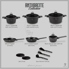Berlinger Haus 15pc Cookware Set Anthracite TitanPro Non-Stick Strainer Lids