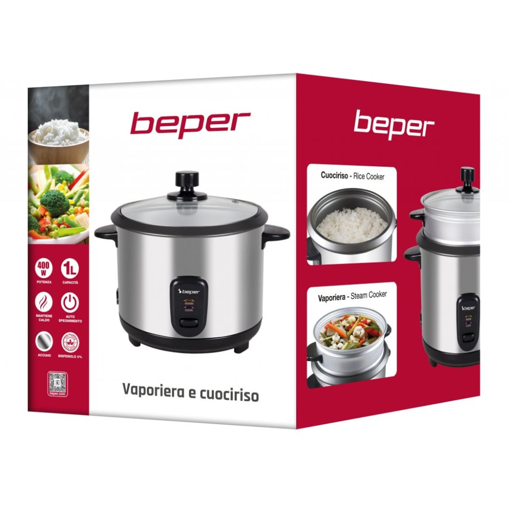 Beper Rice And Steam Rice Cooker And Steamer, 625g Rice, Glass LID
