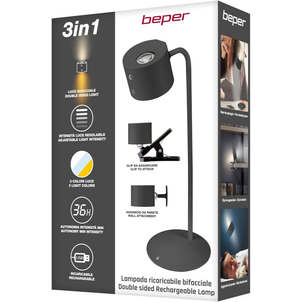 Beper Rechargeable 3In1 Lamp Lumini, Black