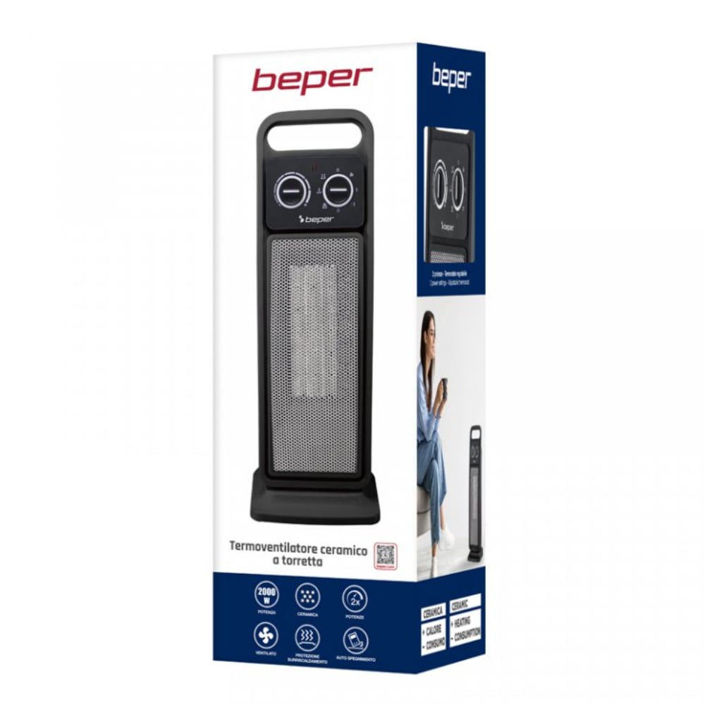 Beper Ceramic Tower Fan Heater 2000W, 2 Power Settings, Safe With Auto