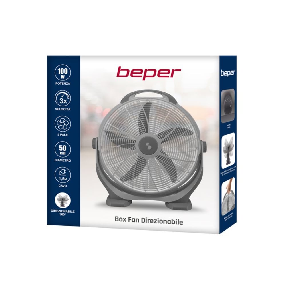 Beper Adjustable Box Fan, 100W Power, 5 Large Blades, 3 Speeds, Grey