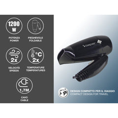 Beper Travel Hair Dryer, 1200W, Foldable Hair Dryer, 3 Temperatures, 2