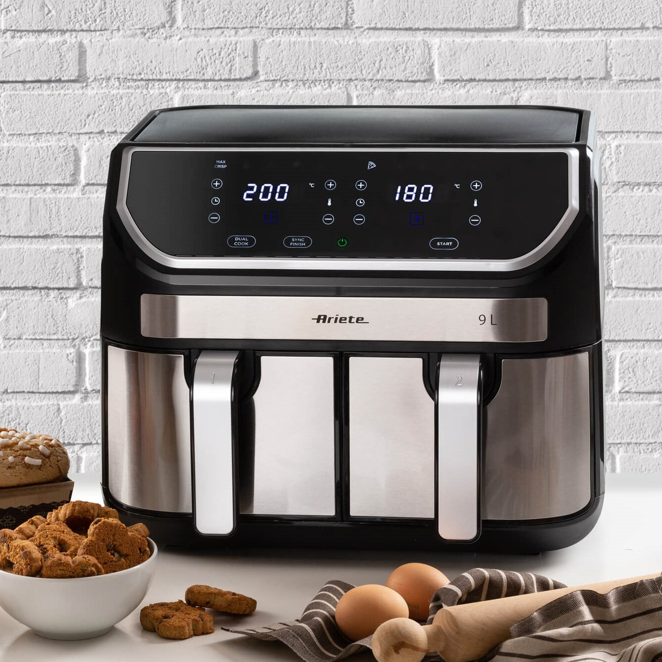 Ariete 9L Dual Air Fryer 2100W Double Basket Stainless Steel Pink Gold 4625